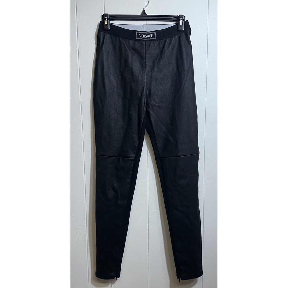 Versace Black Leather‎ Logo Waistband Moto Leggings Ankle Zip 1020328 IT 40